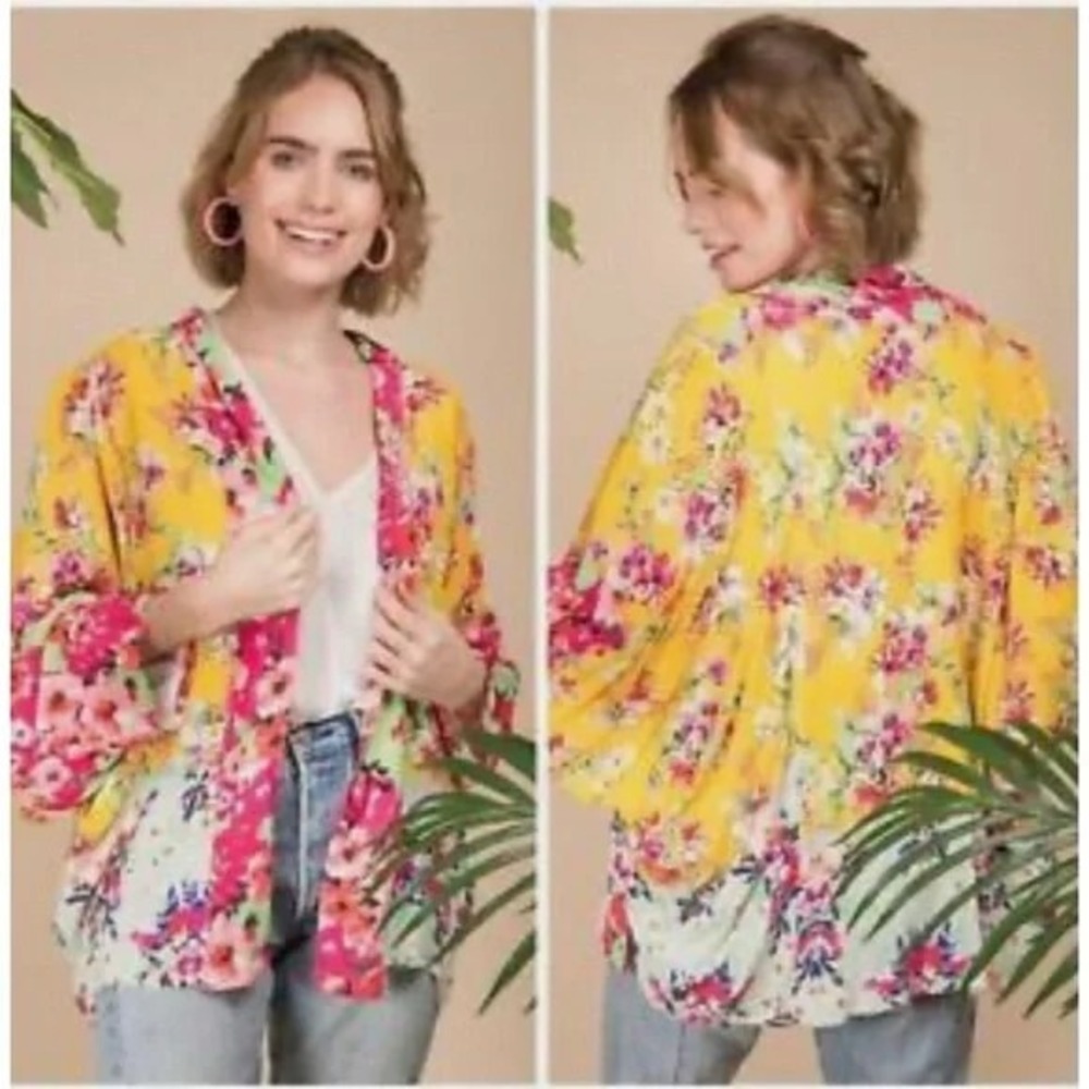 Anthropologie Akemi + Kin Aurelia Kimono Open Cardigan Yellow Floral OS‎ B38